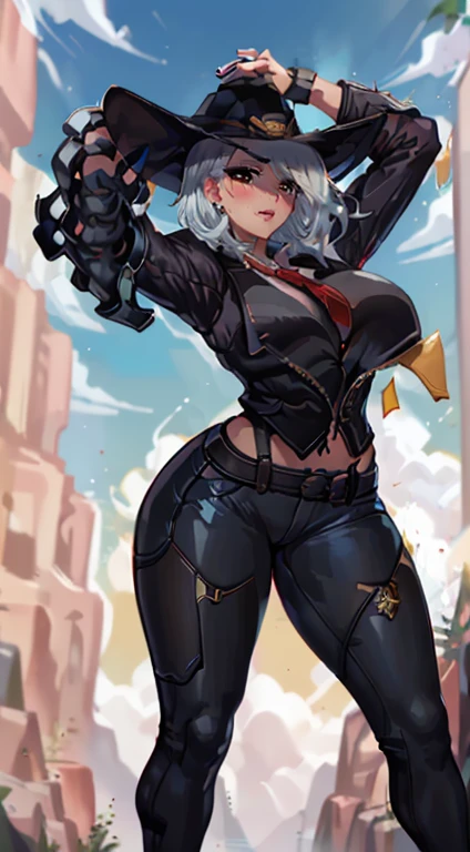 (best quality:1.3), (4K quality), ashe overwatch , ((detailed face)),((smile)), ((curvy body)), (big breasts), (( black jacket and red details)), (( cinto preto)), sexy, (( cut hair )), white shirt, black pants, ((blue sky)), ((leaning forward)), looking at viewer, necktie, platinun hair, white hair, 1girl, arm strap, arm up, bare shoulders, breasts, cloud, colored tips, cowboy shot, cutoffs, gradient hair, halterneck, looking at viewer, midriff, nail polish,, outdoors, medium hair, big breasts, full body, thick thighs