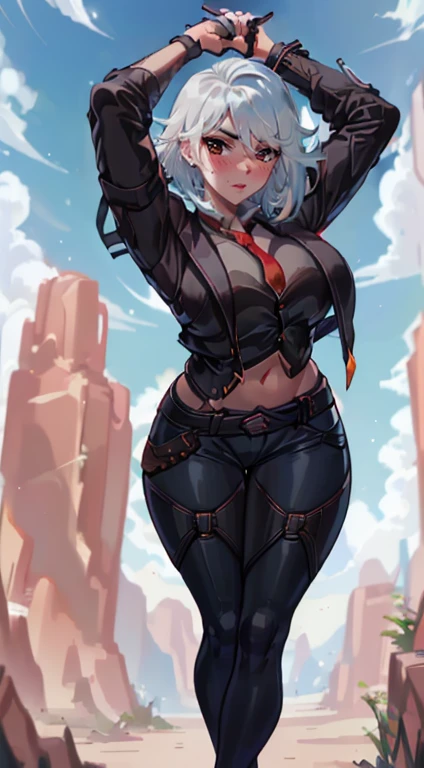 (best quality:1.3), (4K quality), ashe overwatch , ((detailed face)),((smile)), ((curvy body)), (big breasts), (( black jacket and red details)), (( cinto preto)), sexy, (( cut hair )), white shirt, black pants, ((blue sky)), ((leaning forward)), looking at viewer, necktie, platinun hair, white hair, 1girl, arm strap, arm up, bare shoulders, breasts, cloud, colored tips, cowboy shot, cutoffs, gradient hair, halterneck,  looking at viewer,  midriff, nail polish,, outdoors, medium hair, big breasts, full body, thick thighs