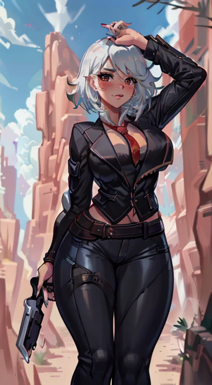 (best quality:1.3), (4K quality), ashe overwatch , ((detailed face)),((smile)), ((curvy body)), (big breasts), (( black jacket and red details)), (( cinto preto)), sexy, (( cut hair )), white shirt, black pants, ((blue sky)), ((leaning forward)), looking at viewer, necktie, platinun hair, white hair, 1girl, arm strap, arm up, bare shoulders, breasts, cloud, colored tips, cowboy shot, cutoffs, gradient hair, halterneck,  looking at viewer,  midriff, nail polish,, outdoors, medium hair, big breasts, full body, thick thighs