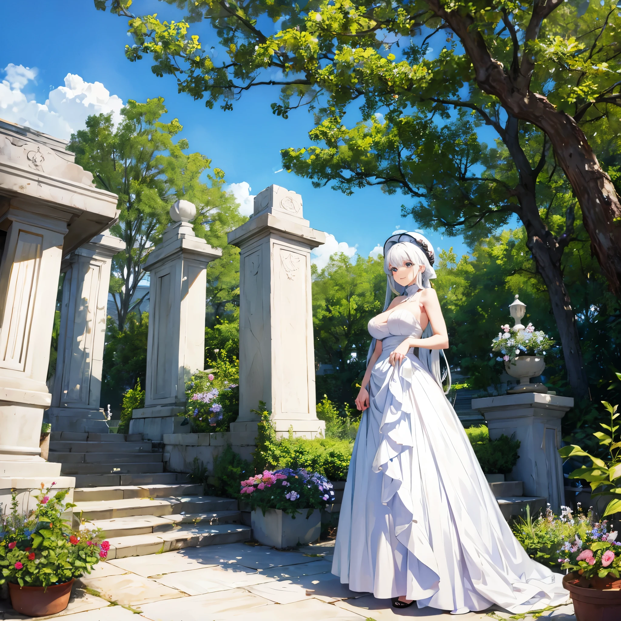 A woman wearing a sophisticated white dress, white hair, long white madam's hat, in a luxurious garden, with white benches and pillars, big breasts, blue eyes, smiling.