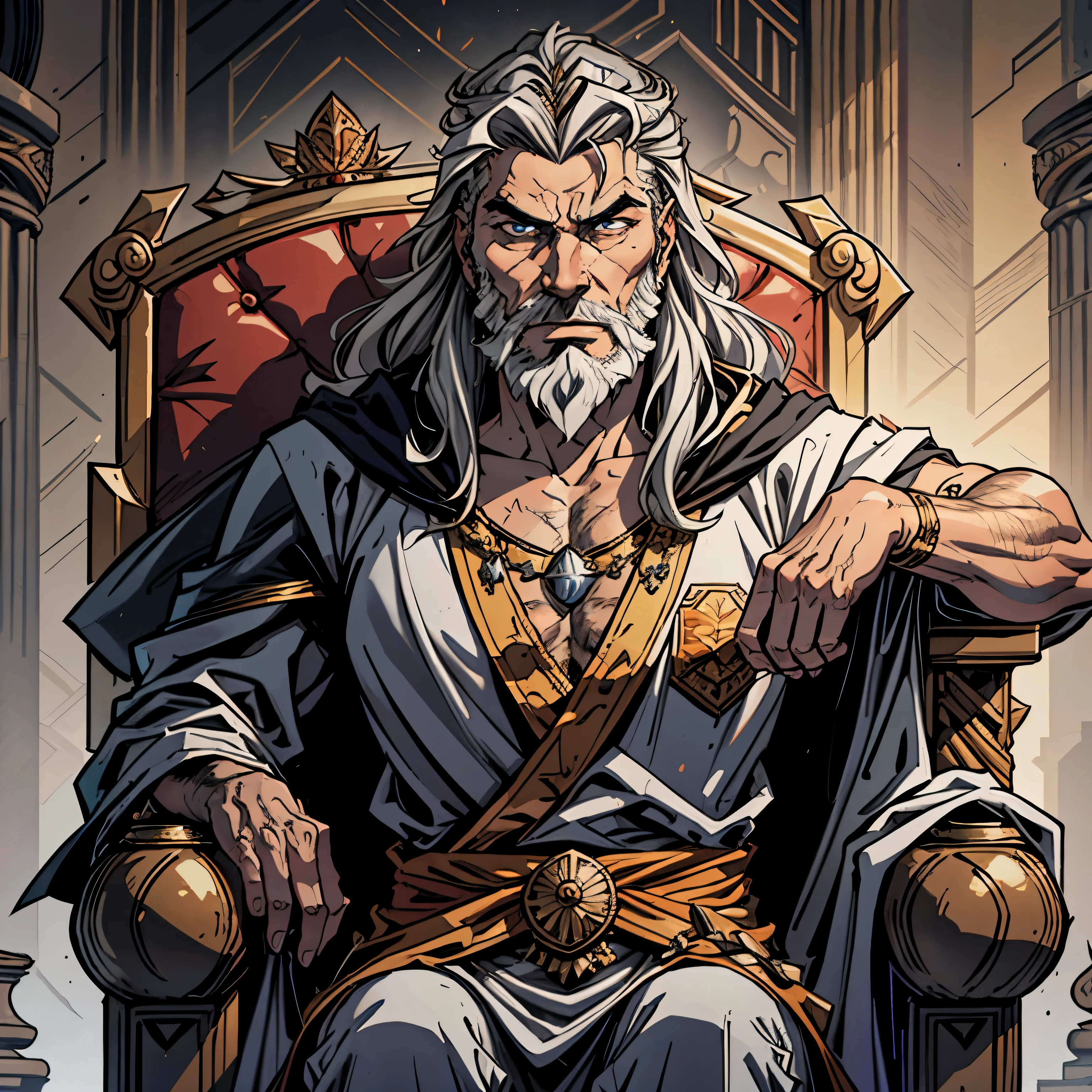 best quality image, man, king, with medium long gray hair, with beard, piercing look, serious expression, strong, sitting on a throne, with a crown on his head, in royal robes, biblical style