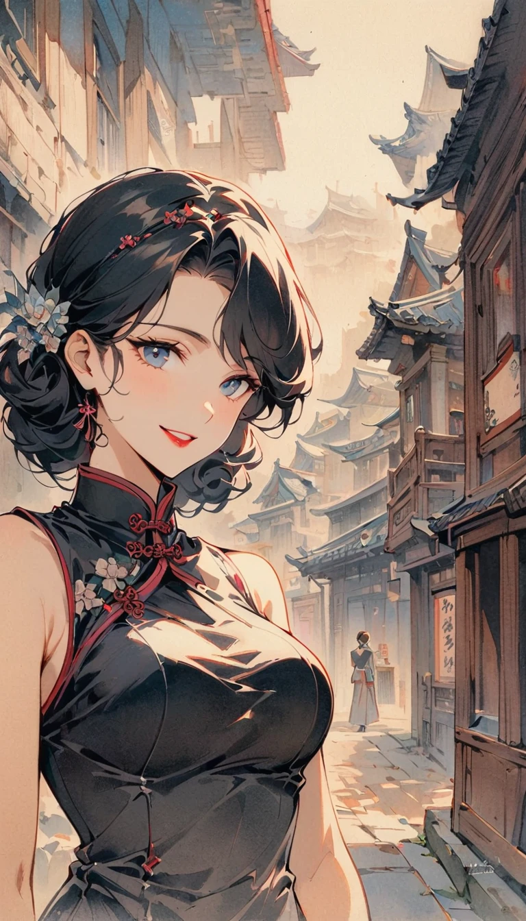 Retro电影风格, 1940s, Lin Mingmei, 1 girl, alone, monochrome, looking at the audience, hair accessories, Chinese traditional clothing cheongsam, curls, traditional media, sign, Bangs, cosmetic, black hair, lipstick, artist name, lace gloves, sleeveless, ancient building, wooden building, Retro, nostalgia, elegant posture, Smile, Upper body, Shadows and Highlights，微妙的Retro电影颗粒。