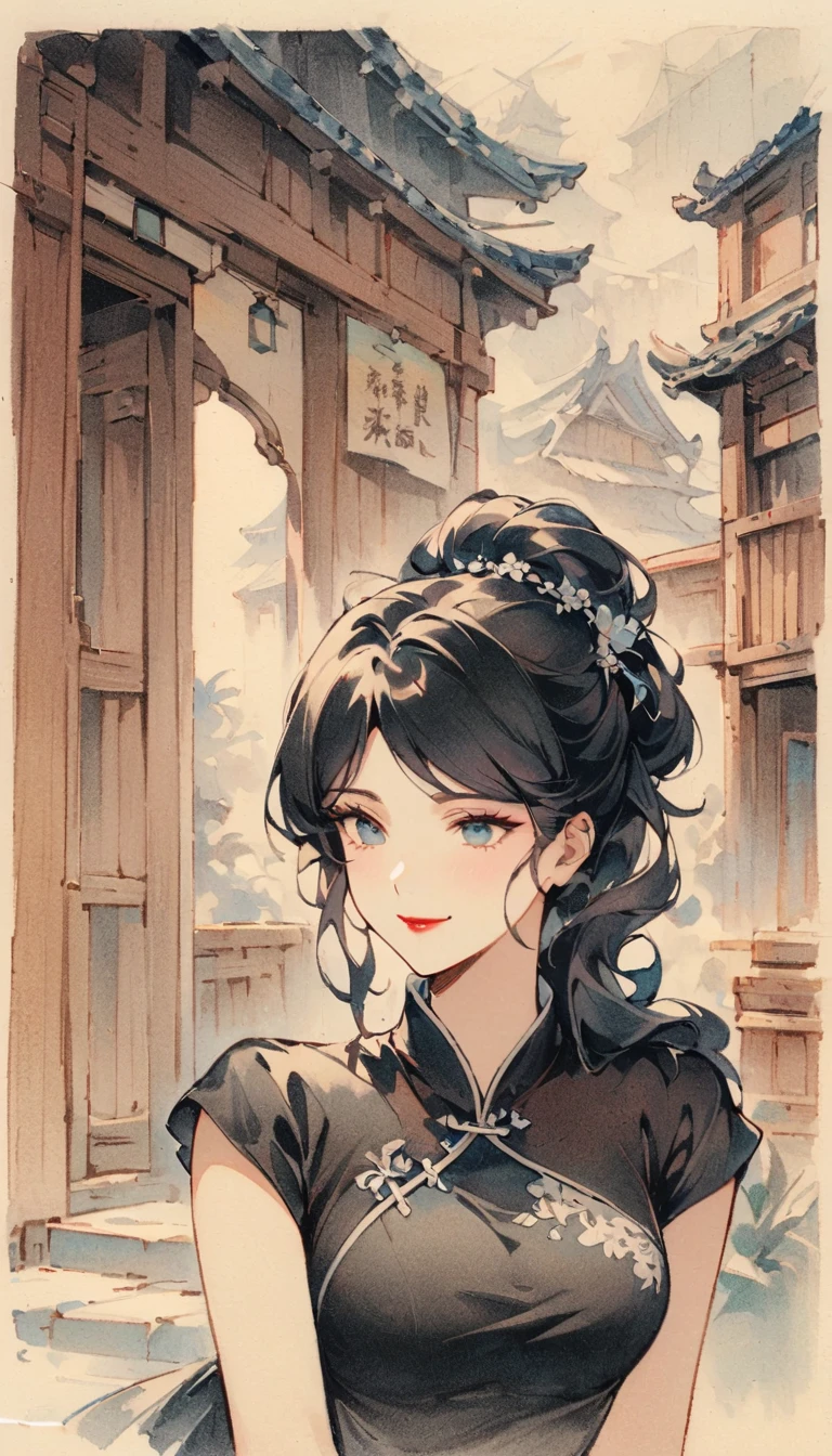 Retro电影风格, 1940s, Lin Mingmei, 1 girl, alone, monochrome, looking at the audience, hair accessories, Chinese traditional clothing cheongsam, curls, traditional media, sign, Bangs, cosmetic, black hair, lipstick, artist name, lace gloves, sleeveless, ancient building, wooden building, Retro, nostalgia, elegant posture, Smile, Upper body, Shadows and Highlights，微妙的Retro电影颗粒。