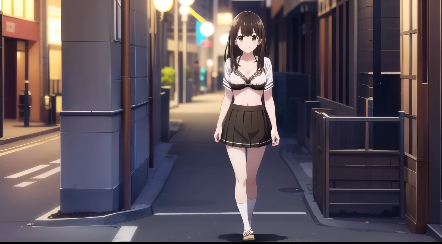 sayuogiwara, Sayu Ogiwara, brown hair, (brown eyes:1.5), medium hair,beautiful breasts, break ,{{outdoor}}, {{Walking through the bustling town}},{{main street}},{{Akihabara downtown}},{{congestion}},{{{surrounded by a crowd}}}, skirt, pleated skirt, black skirt, socks, transparent white lace bra,White lace sheer panties, break looking at viewer, whole body, break{Japanese high school girl uniform},{{{{whole body}}}}, NSFW, （smile）、NSFW、 break (masterpiece:1.2), highest quality, High resolution, unity 8k wallpaper, Very detailed CG, (perfect hands, perfect anatomy),