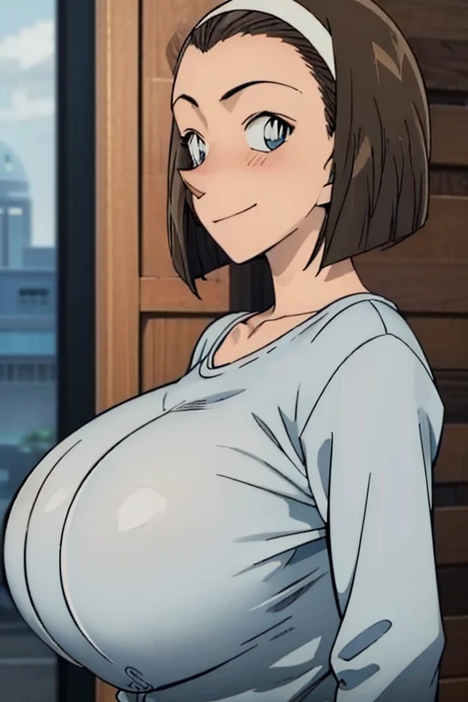 looking at camera、When I Look at You、lookatviewer、anime style、Eroge、1 girl,  (huge breasts:1.5)、((Light grey long sleeve T-shirt))、Low - Angle、brown haired, hair band、bob hair、I can see the forehead、blush, bangs,round chest、smile、((whole body))、(From the side:1.5)