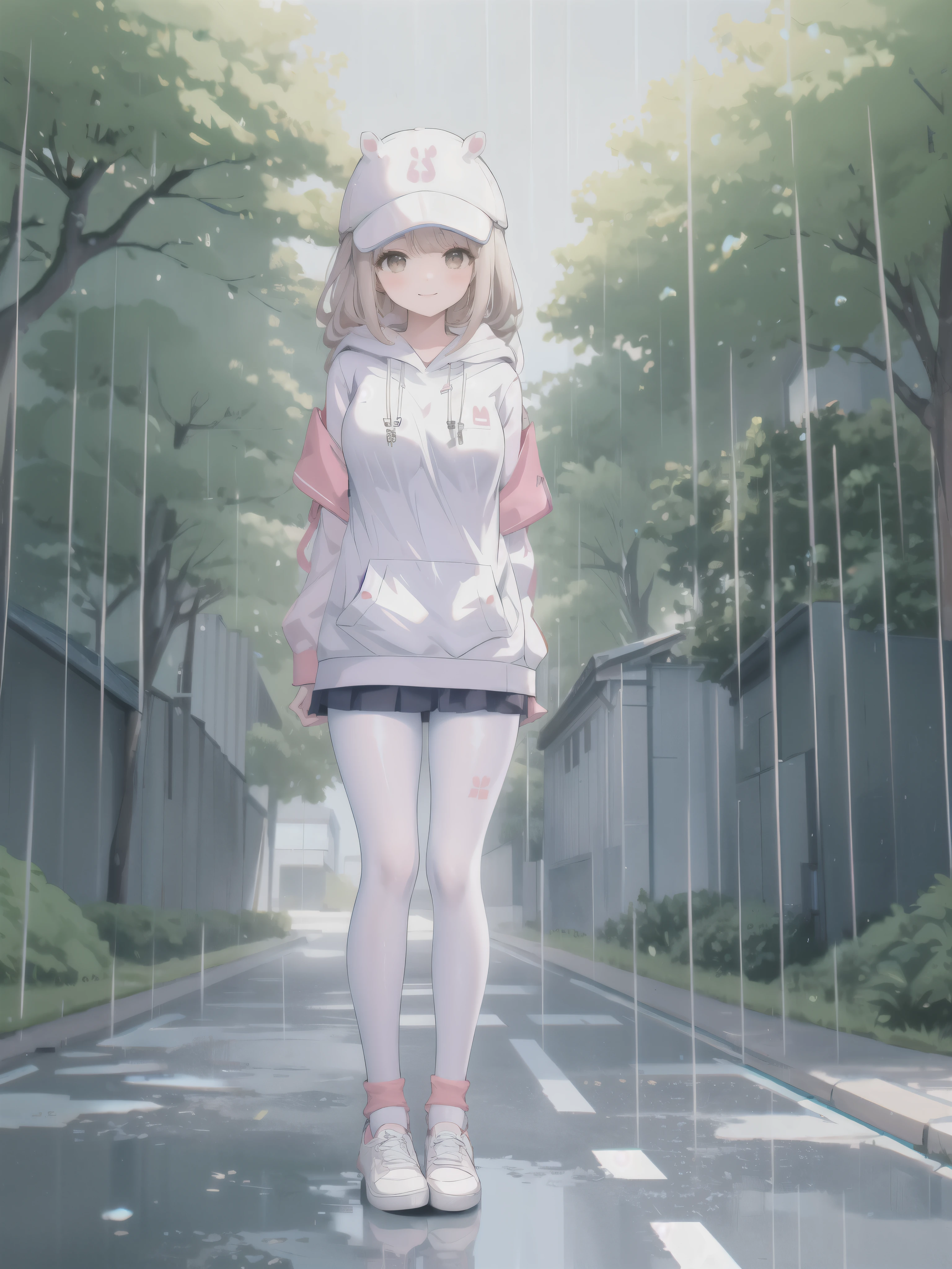 masterpiece, best quality,shiny,chromatic aberration abuse,pastel color,full body,wide shot,
1girl,solo,  chihiro,brown eyes, smile,
looking at viewer,mature female,
architecture,trees,alley,rain,standing,arms behind back,
 hoodie, white pantyhose,socks,white shoes,baseball cap, animal ears,