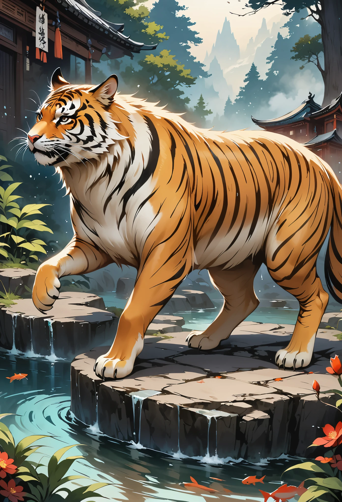 mysterious forest、many animals、fantasy、Urban conditions、Koi in the pond、Japanese style、high detail、anatomically correct、