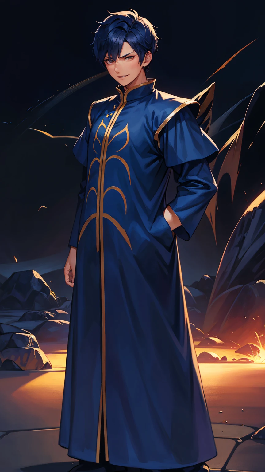 20-year-old man, alone, wide body, blue Chinese clothing with a figure of a butterfly, smiling and challenging gaze, short hair raised in a Moica style, yellow rays in the hair, ultra-detailed, digital art, moonlight, cinematographic, ultra sharp focus, award winning photography, perfect contrast, high sharpness, depth of field, ultra detailed photography, global illumination, smooth, ultra high definition, 8k, Unreal Engine 5, ultra sharp focus, award winning photography, Artstation trends,
