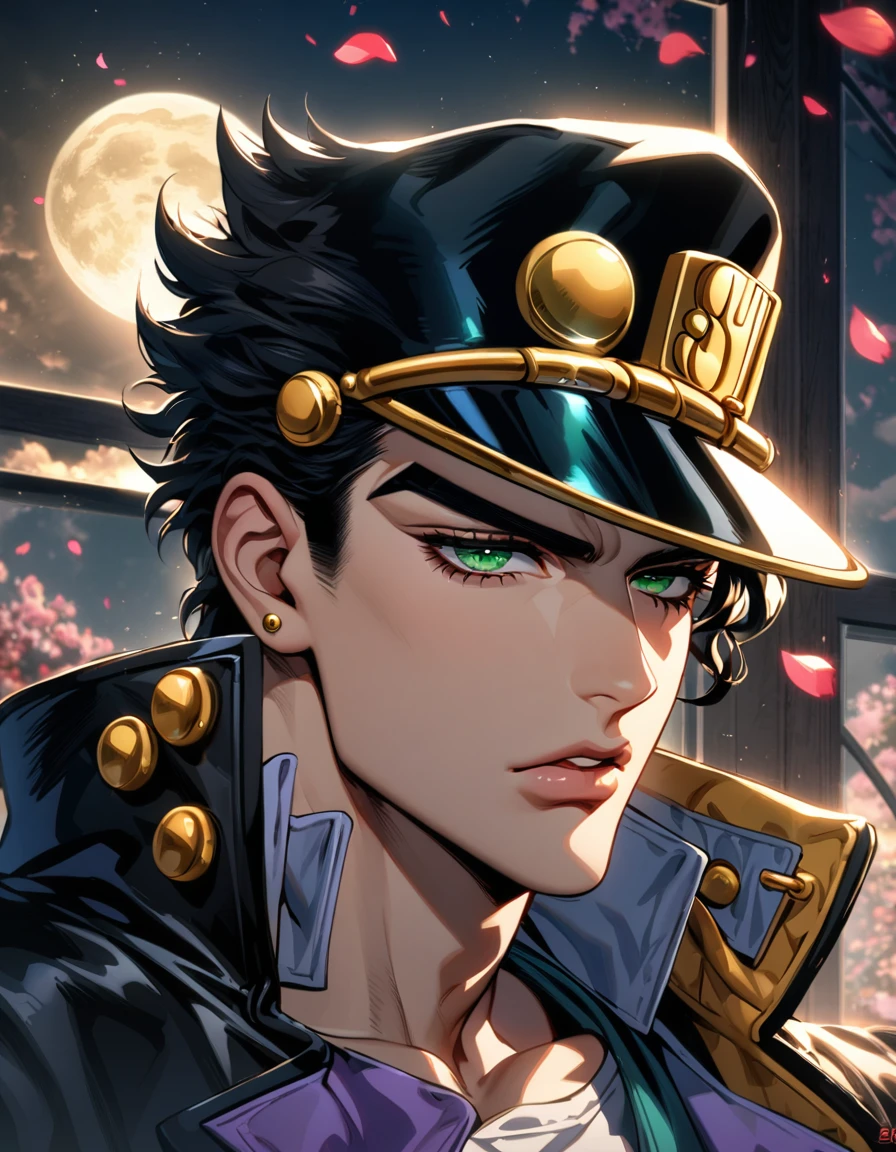 Ultra detailed, Highres, absurdres, HDR, Jotaro Kujoh, black hair, green eyes, black hat, black leather coat, JoJo Bizarre Adventure, 1 man only, moon, window, petals, handsome,