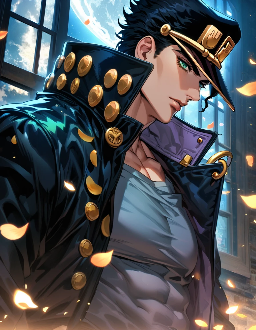 Ultra detailed, Highres, absurdres, HDR, Jotaro Kujoh, black hair, green eyes, black hat, black leather coat, JoJo Bizarre Adventure, 1 man only, moon, window, petals, handsome,