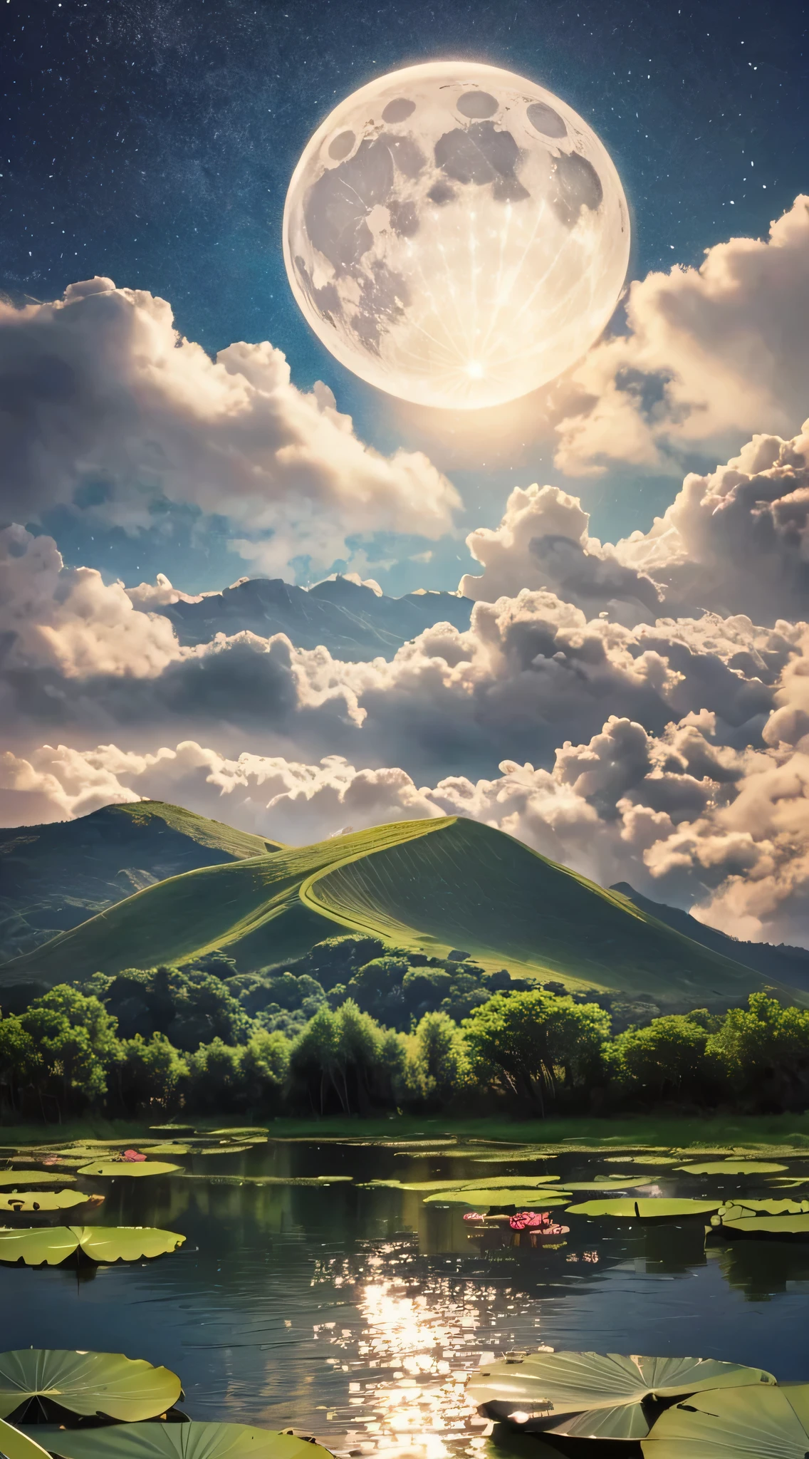 moonlight over lotus pond,beautiful scenery,layers of mountains,in the clouds,high detail,chiaroscuro,ultra high definition,masterpiece,Award-winning works,best quality,high resolution,16K