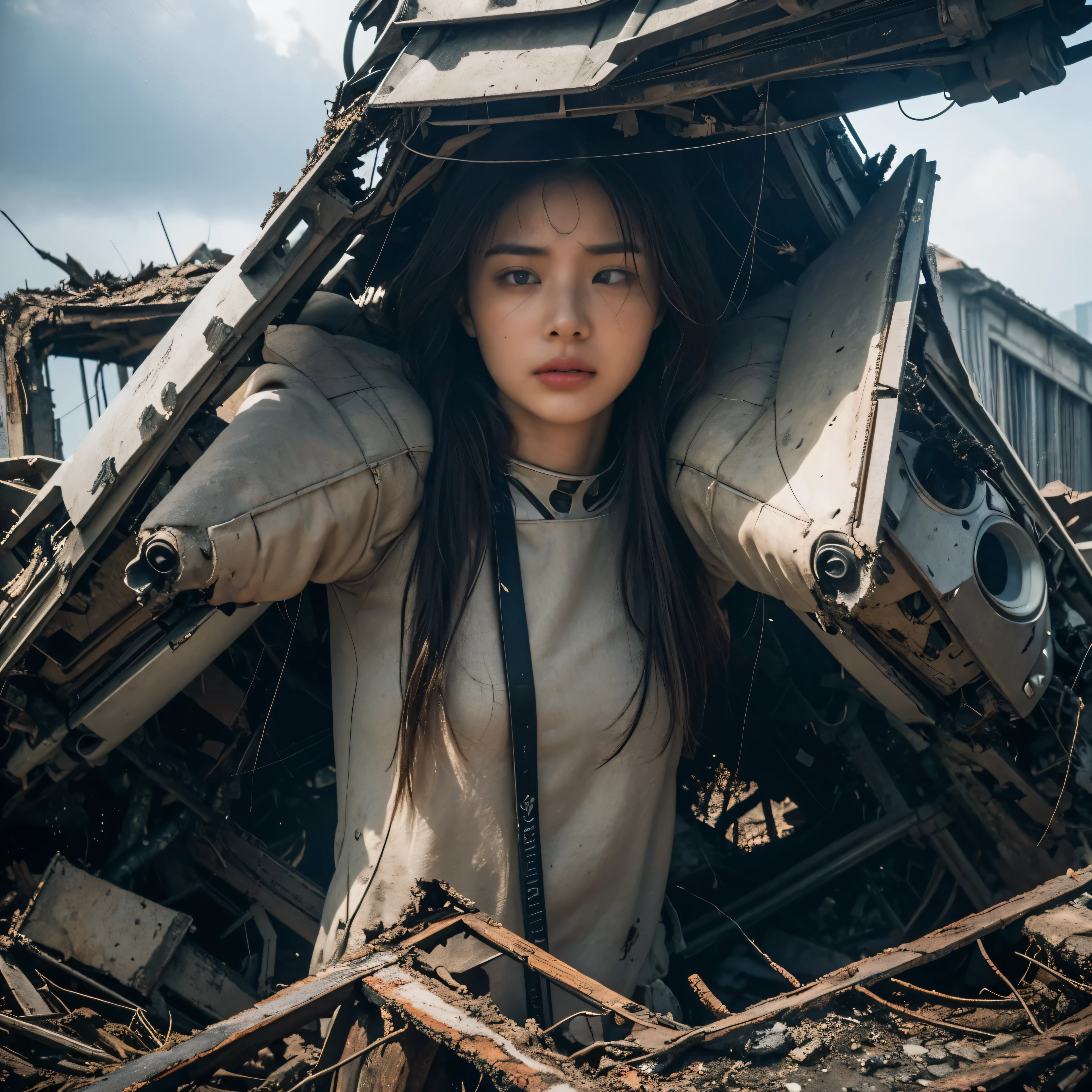 (highest quality、4K、High resolution、master piece: 1.2)、Super detailed、real: 1.37、Natural light、Portrait、surreal colors、futuristic style、Crumbling cityscape、Overgrown vegetation、Foggy atmosphere、Contrasting shadows、tattered clothes、A strong and confident gaze、Abandoned Objects、desolation、Destroyed building silhouette、vivid graffiti、Empowering pose、hair fluttering in the wind、Expressive facial features、unforgettable beauty、Dramatic sky、eerie clouds、intricate details、urban decline、post-apocalyptic setting、Ruins in nature 、Majestic Skyline、Desperate struggle、Creepy Presence、Thought of power、Enhanced Thought of power、intensity of emotions、Tense atmosphere、heroic attitude、intense action、Fearless Determination、Survival from all odds、Dangerous landscapes、Iconic battle、cinematic composition、epic showdown、A moment frozen in time、mysterious aura、fortitude、Women's Support、strong female protagonist、Fascinating story、Women's power、Fierce determination、Empowering Stories、(Behind her, a giant invader mech is on fire and collapsing.:1.55)