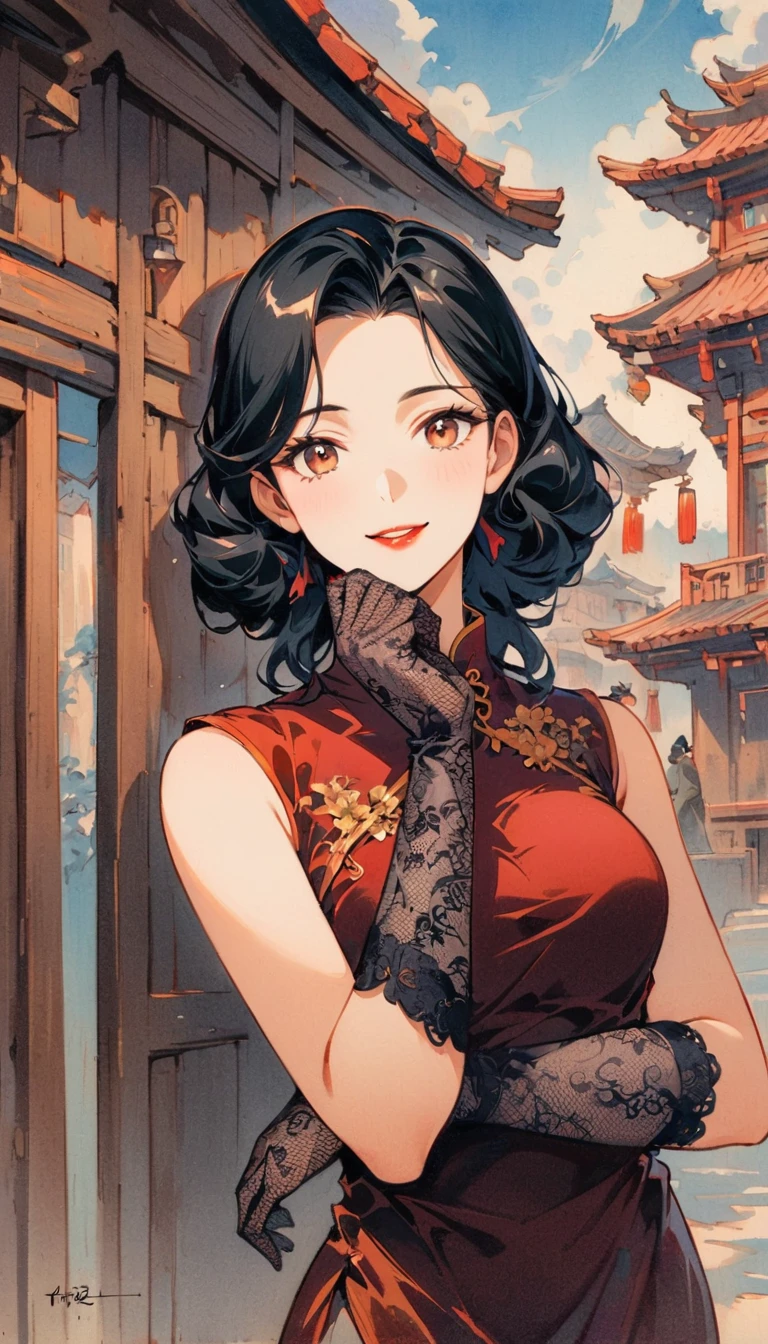 Retro电影风格, 1940s, Lin Mingmei, 1 girl, alone, monochrome, looking at the audience, hair accessories, Chinese traditional clothing cheongsam, curls, traditional media, sign, Bangs, cosmetic, black hair, lipstick, artist name, lace gloves, sleeveless, ancient building, wooden building, Retro, nostalgia, elegant posture, Smile, Upper body, Shadows and Highlights,微妙的Retro电影颗粒。