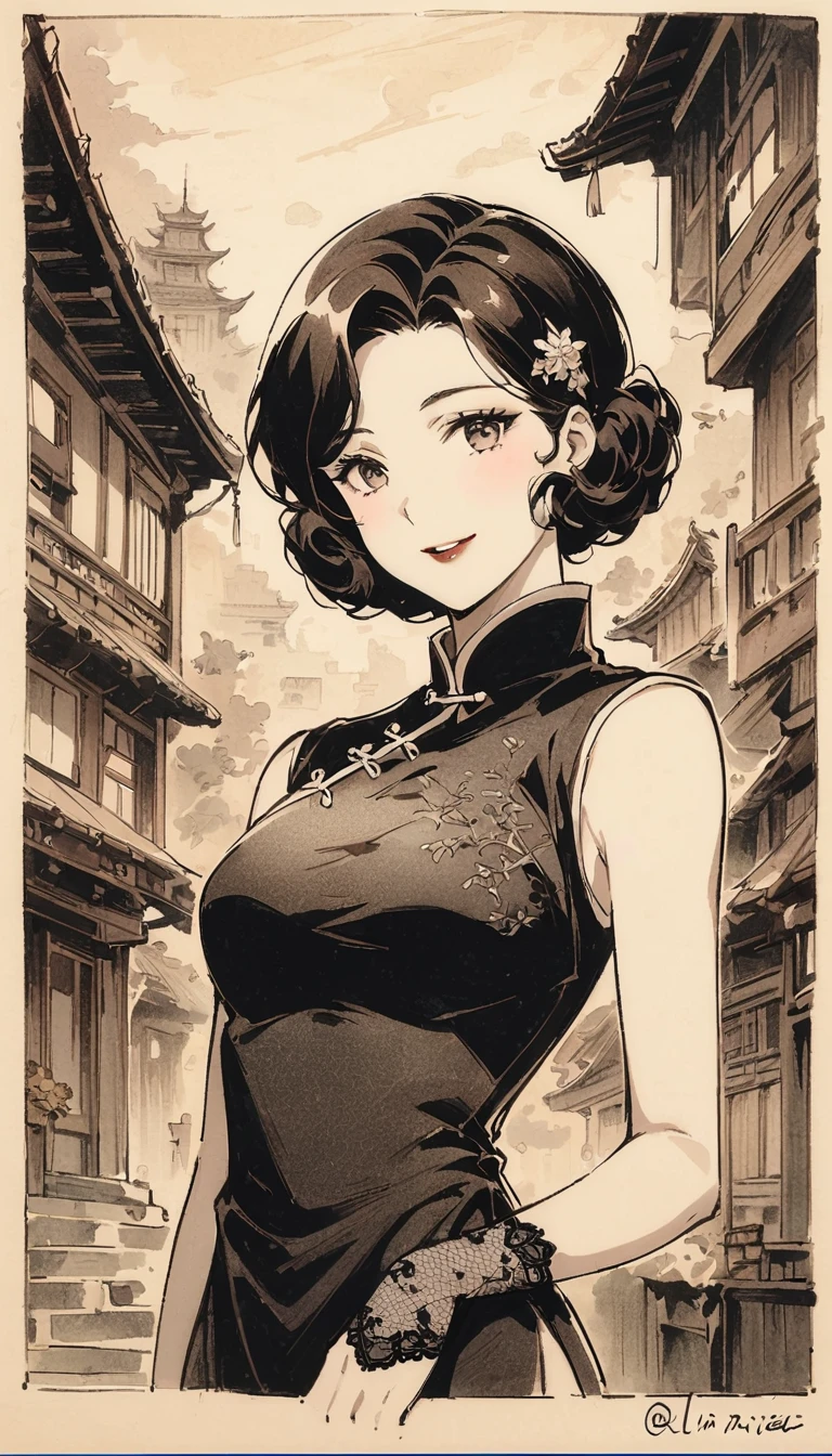 Retro电影风格, 1940s, Lin Mingmei, 1 girl, alone, monochrome, looking at the audience, hair accessories, Chinese traditional clothing cheongsam, curls, traditional media, sign, Bangs, cosmetic, black hair, lipstick, artist name, lace gloves, sleeveless, ancient building, wooden building, Retro, nostalgia, elegant posture, Smile, Upper body, Shadows and Highlights,微妙的Retro电影颗粒。