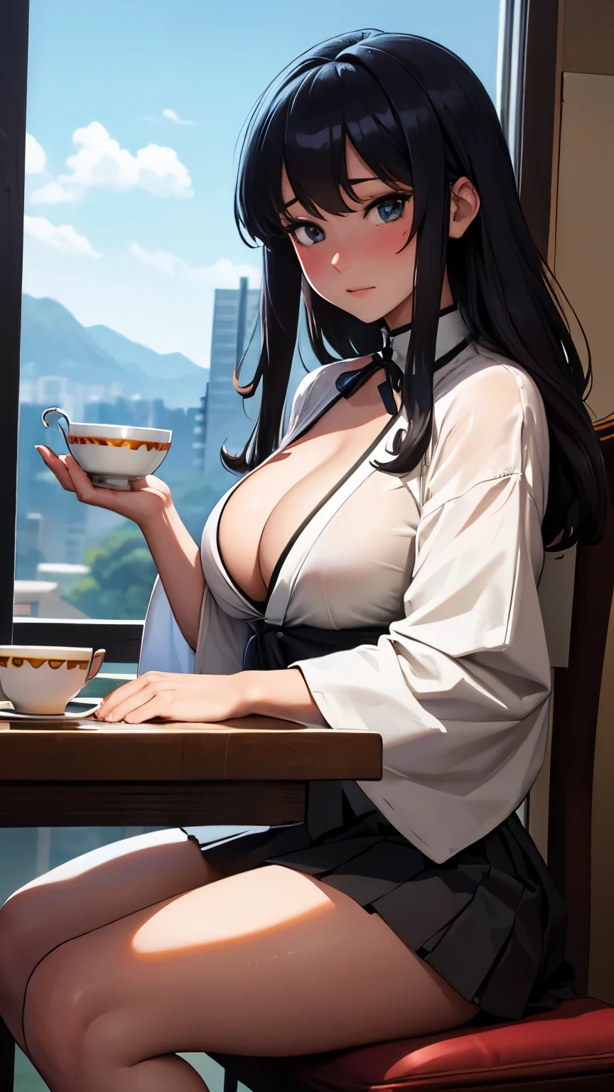 Naoyuki Kato, Heath Robinson, Surreal, mysterious, strange, fantastical, fantasy, Sci-fi, Japanese anime, Sunday afternoon fun, mini-skirt pretty high school girl having tea at a stylish cafe, perfect voluminous body, Earth seen from the space station, detailed masterpiece wide angles low high Hyper realistic sharp focus cinematic lighting sexy seductive erotic coquettish zoom in shy embarrassed blushing real