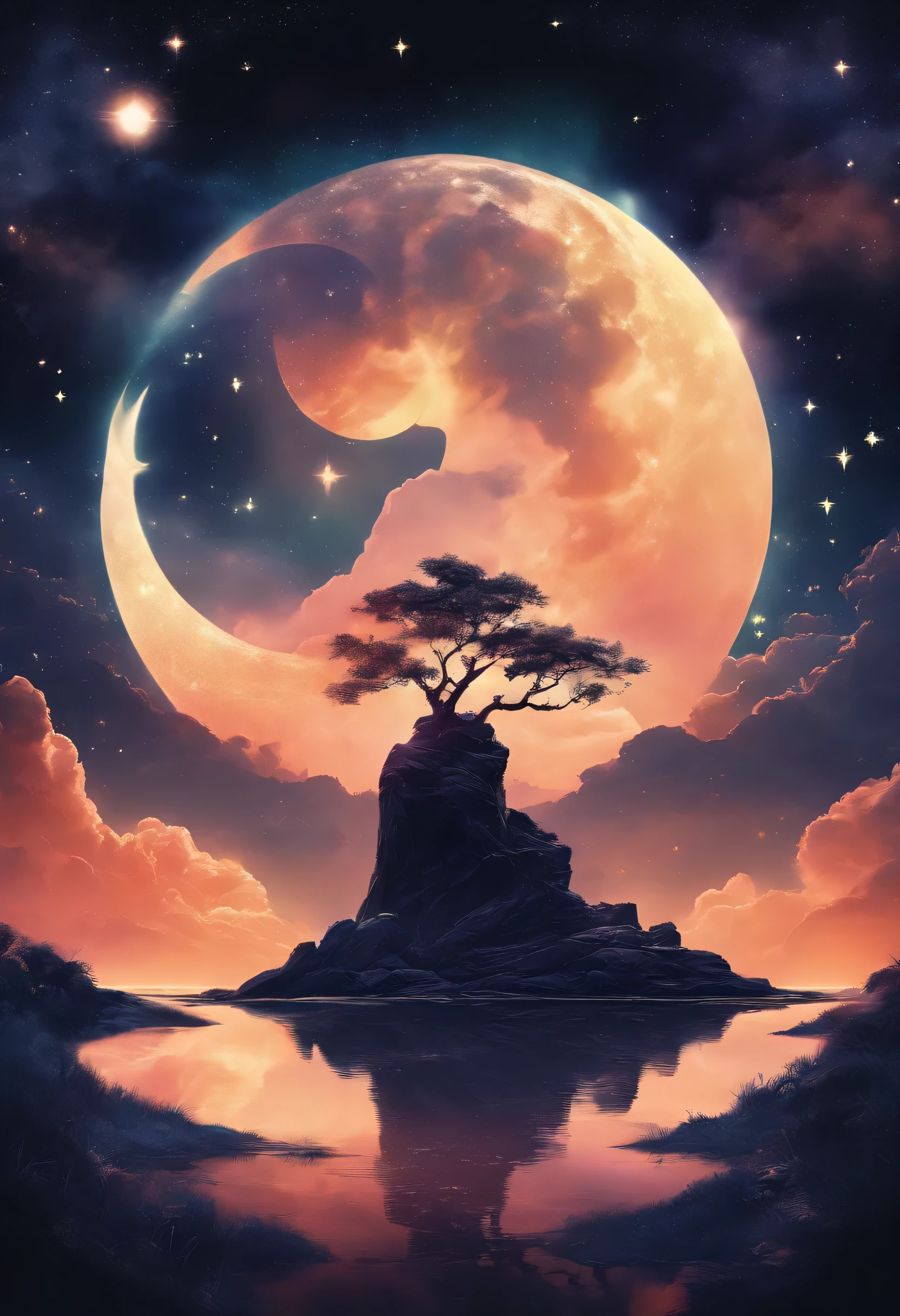 (((Sun and Moon，stars)))，(best quality,4k,highres,masterpiece:1.2),ultra-detailed,realistic,portrait,landscape,Tang Feng,giant moonlit cliff,distant viewing angle,desolate,clouds,moonlit,dark silhouette,serene atmosphere,vibrant colors,soft light,ethereal,content solitude,wispy clouds,quiet night,starry sky,moonlight casting shadows,moon halo,luminous,mystical,calm and peaceful ambiance,immersive,dreamlike,gloomy cliffs,awe-inspiring,tranquil mood