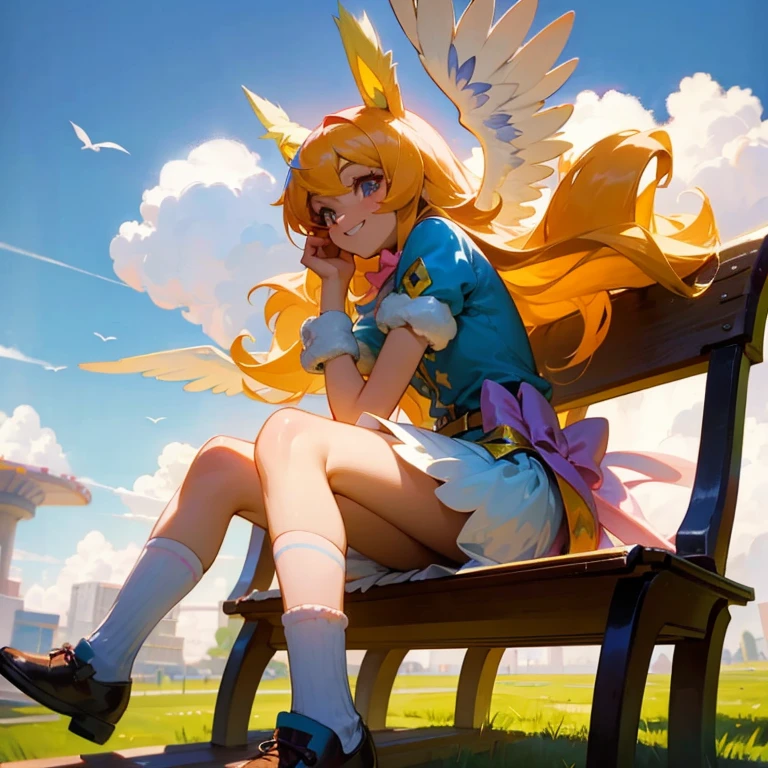 fluttershy, my little pony, human body, 2 hands, 2 legs, female, long fur, pink hair, pink tail, colorful socks, spread wings, fluffy feathers, smiling, tying a bow on her shoe sitting on the bench, sunny day, clouds, hyper-detail, 3d illustration, high contrast, masterpiece, hyper-realism, best quality, fantasy art, magnificent, celestial, epic, majestic, magical, nsfw