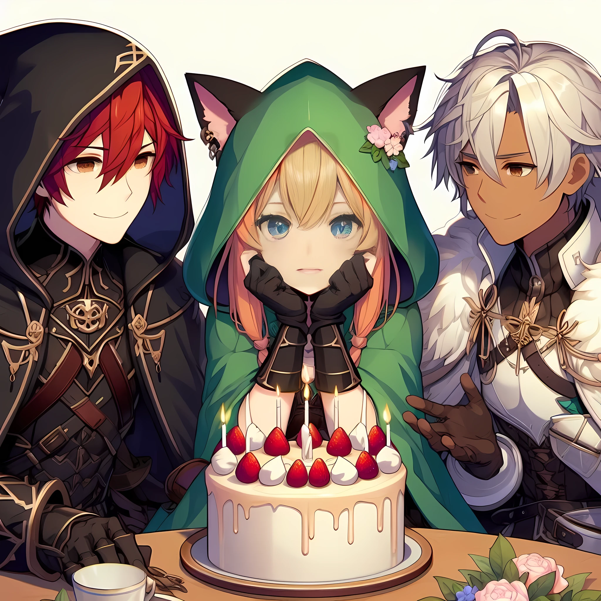 Cartoon characters sitting around a table with cake and coffee, Genshin, Wisdom Friends Anime, shadowverse style, From Arknights, zerochan art, eat cake, Google on pixiv artstation, Gweiz art station pixiv, Trending on Art Station Pixiv, very detailed fan art, video game Genshin impact