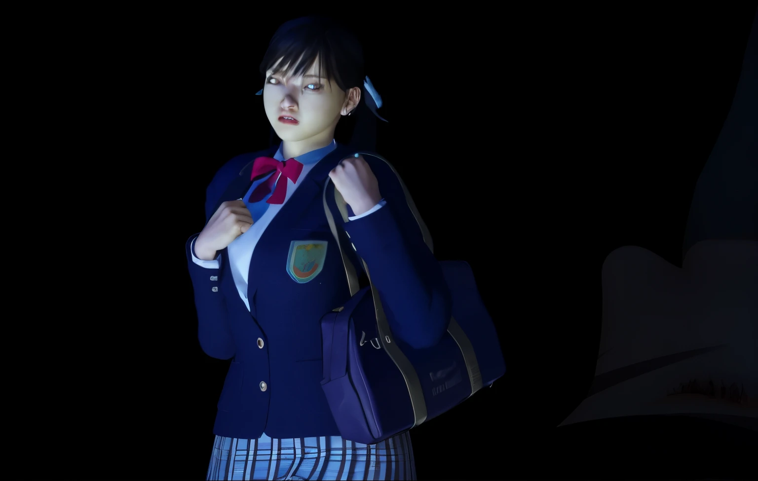grumpy face、Mushy、((anger))、(8K, highest quality, masterpiece:1.2), (realistic, photo-realistic:1.37), Super detailed,highest quality, ultra high resolution, professional lighting, photon mapping, radio city, Physically based rendering, cinematic lighting, late night path,Depth of written boundary, sharp focus,sunbeam,1 girl,alone,(whole body), (closed mouth),fine and beautiful eyes, temporarily stop, tight waist,Japanese high school girl, black hair,messy hair,swollen face、Abandoned school building at night、