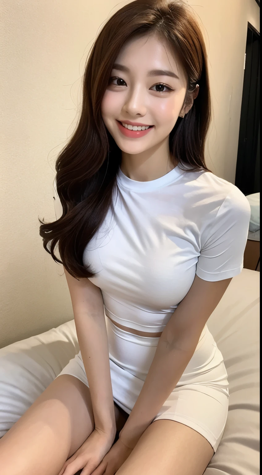 white tight shirt、white tight mini skirt、bed、smile、short sleeve、high resolution、Korean idol face、double eyelid