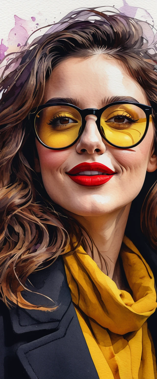 Scene partial front view; details in 8k; precision in details; Artistic abstract drawing textured background of a brunette woman with long, wavy hair wearing square glasses, woman smiling with red lipstick, face more toned and rounded and with slight dimples near the mouth, wearing a black coat with a yellow t-shirt underneath looking to the right, lilac white colors in the environment, illustration, watercolor illustration, professional illustrator, best watercolor paintings, ink and watercolor, vibrant colors, perspective view, centered, perspective lines, drawing as a sketch. Picasso style