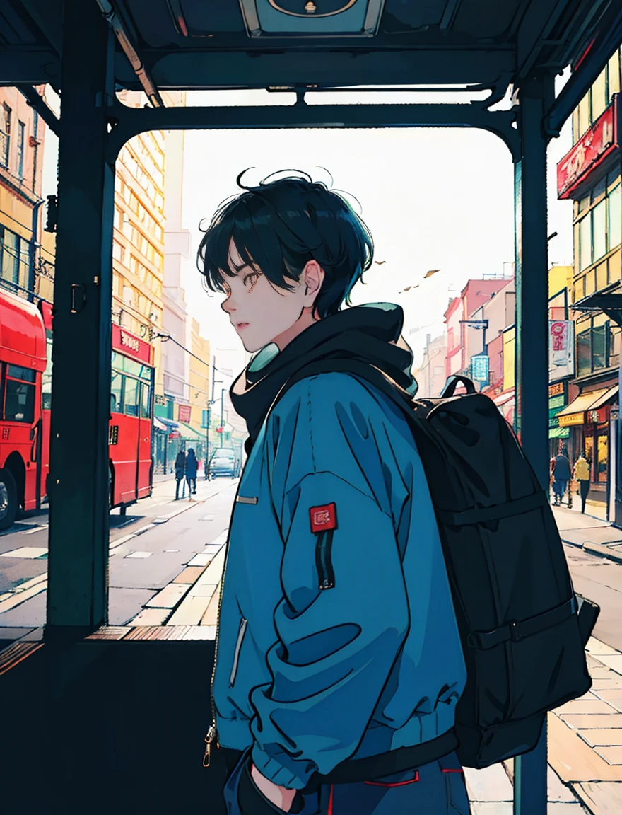 morning、A cool and beautiful Asian boy with black hair, denim pants、black jacket、Scarf、A red bus passing nearby, The man is at the back of the bus、People nearby々Having a fun conversation、perfect face, black jacket, neon black, (with backlight: 1.1), hard shadow, masterpiece, highest quality, Complex, model shooting style, vintage, film grain, incomplete details、natural body、profile、A photo taken from a distance