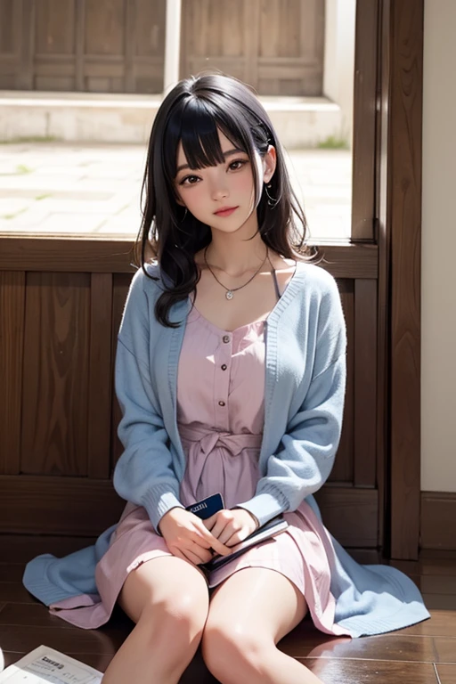 Personagem para livro , uma feliz de sete anos com cabelos ondulados, (cabelo azul), with a pink and lilac dress and a necklace around her neck with a key, She is sitting on the floor with a book on her lap