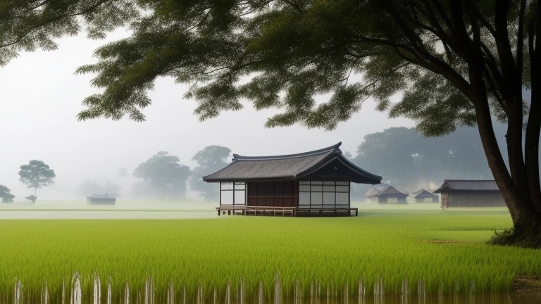 有一个人走过paddy, in the background is a hut with paddy, paddy, Neat rice seedlings in the field, misty rain, village, agriculture, in peaceful scenery, misty weather, in vast tranquil landscapes, early morning, in the morning mist, 在一个小village后面, mist, Japanese countryside, thatched roof--v 6