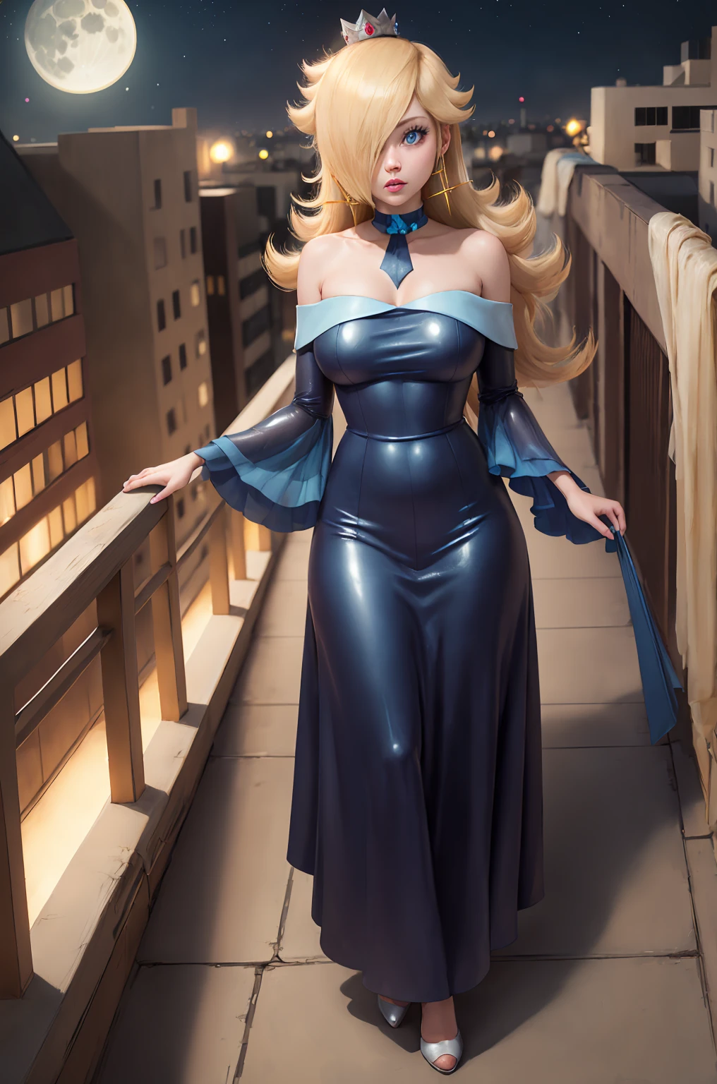 (masterpiece, highest quality, extremely detailed), professional fashion photography, photorealistic, sharp, mature female, long hair, big eyes, hair between eyes, (detailed face and eyes):1.2, ass, oily skin, latex pelvic curtain dress, multiple straps, candid pose, rooftop balcony, lights, moon, bokeh, 