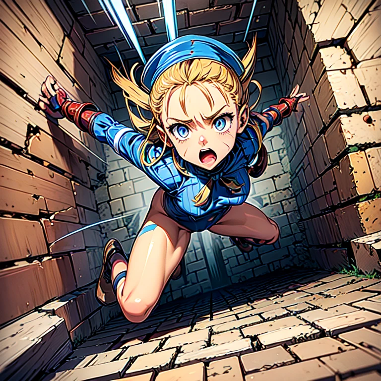 masterpiece,highest quality,very detailed,1 girl,alone,surprise,constricted pupils,I was scared,screaming,1 girl,small blue garrison hat, blonde hair, huge ahoge, long twin braids, blue eyes, scar on cheek, blue high neck thong leotard, small yellow tie, dark armband, big breasts, red fingerless gloves, blue lightning design in legs, brown high boots,break,(((Big square hole, Big square hole,fall,bottomless pit))),dungeon,Brick floor,stone floor,full body,reach out to the viewer,Dramatic and urgent scenes,