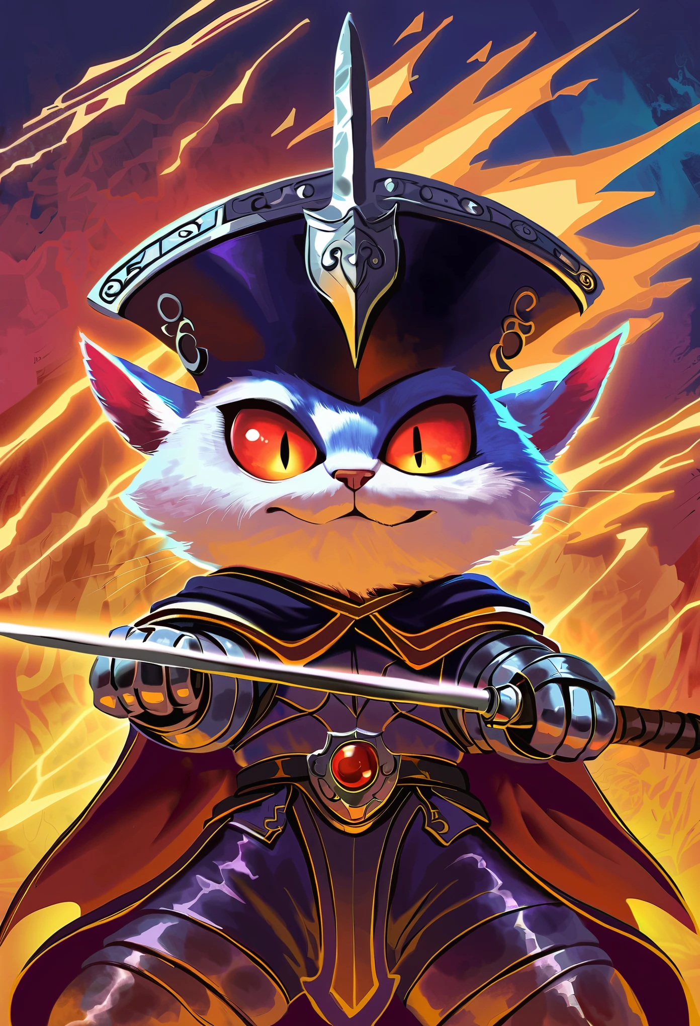 A white personification cat knight,red eyes,wearing a black Bicorne,wielding a long rapier,(((ready to attack))),concept art in the style of Pixar, (character design:1.3), fantasy art style,anime aesthetics, realistic depiction of lighting, strong closeup shots, saturated colors, cartoon style, cartoon background, high resolution, octane rendering, detailed, concept art, digital painting, full body shot. 