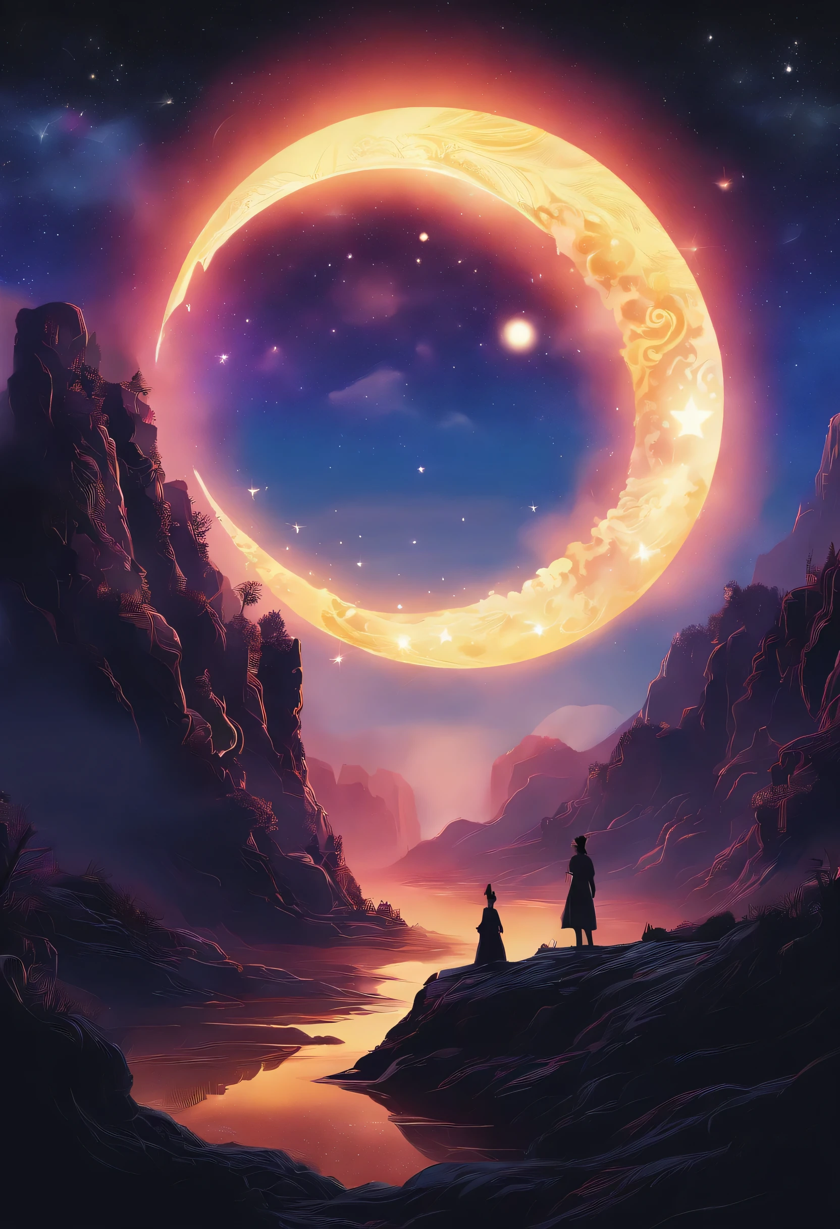 (((Sun and Moon，stars)))，(best quality,4k,highres,masterpiece:1.2),ultra-detailed,realistic,portrait,landscape,Tang Feng,giant moonlit cliff,distant viewing angle,desolate,clouds,moonlit,dark silhouette,serene atmosphere,vibrant colors,soft light,ethereal,content solitude,wispy clouds,quiet night,starry sky,moonlight casting shadows,moon halo,luminous,mystical,calm and peaceful ambiance,immersive,dreamlike,gloomy cliffs,awe-inspiring,tranquil mood