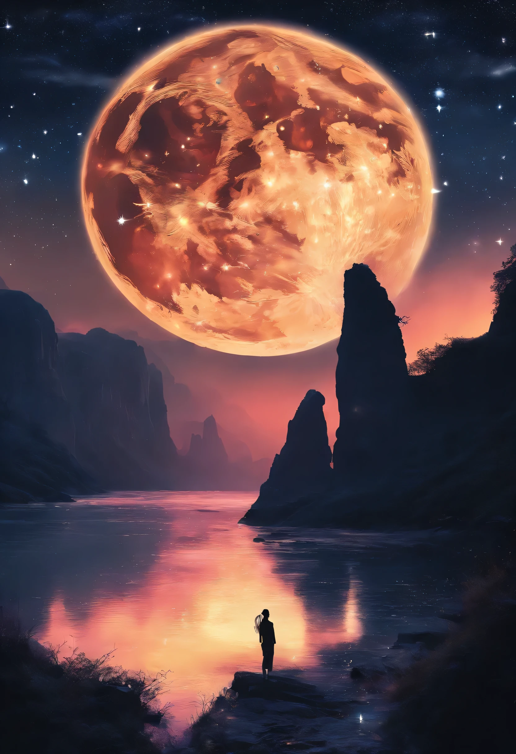 (((Sun and Moon,stars))),(best quality,4k,highres,masterpiece:1.2),ultra-detailed,realistic,portrait,landscape,Tang Feng,giant moonlit cliff,distant viewing angle,desolate,clouds,moonlit,dark silhouette,serene atmosphere,vibrant colors,soft light,ethereal,content solitude,wispy clouds,quiet night,starry sky,moonlight casting shadows,moon halo,luminous,mystical,calm and peaceful ambiance,immersive,dreamlike,gloomy cliffs,awe-inspiring,tranquil mood