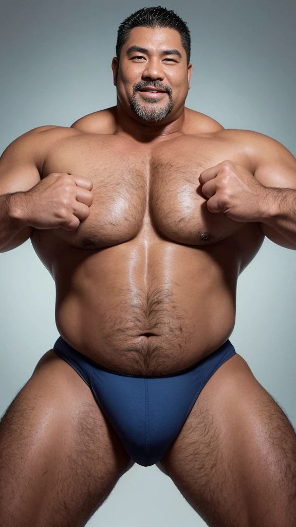black hair, middle-aged man, individual, male, Muscular wrestler, muscular, Stout wrestler, Asian, Japanese, uncle, 55 year old middle-aged man, short hair, short hair, blue wrestling boots, full body portrait, shadow, Vision, yellow briefs, obesity, 45 years old, short beard, middle-aged man, tattoo, fingerless gloves, Wheat skin, shiny skin, dark skin, Show your pectoral muscles, sumo wrestler, bodybuilder, wide temples, Visible abdominal muscles, Smile, Fine hands, solid color background, pure white background, Surrealism, Panorama, 8k, super detail,