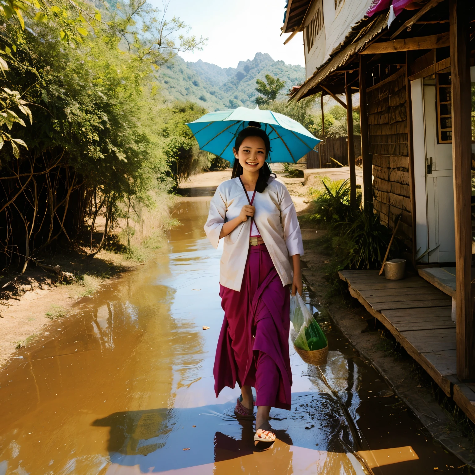 beautiful kayin (karen tribe of myanmar) girl with umbrella. smiling. walking on the muddy road of myanmar