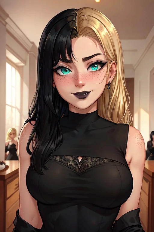 20 year old white woman at a formal party in a black long tight dress , green eyes , black lips , fit with a six pack , medium tits, blonde and black hair , freckles , seductive smile, blushing ,   