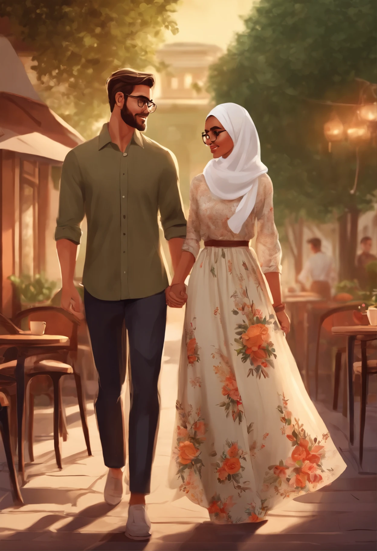 Cartoon, short-haired man with glasses, wearing a khaki koko shirt holding hands with a beautiful hijab-wearing woman wearing glasses wearing a long white shirt, wearing a long floral patterned skirt, romantic cafe atmosphere