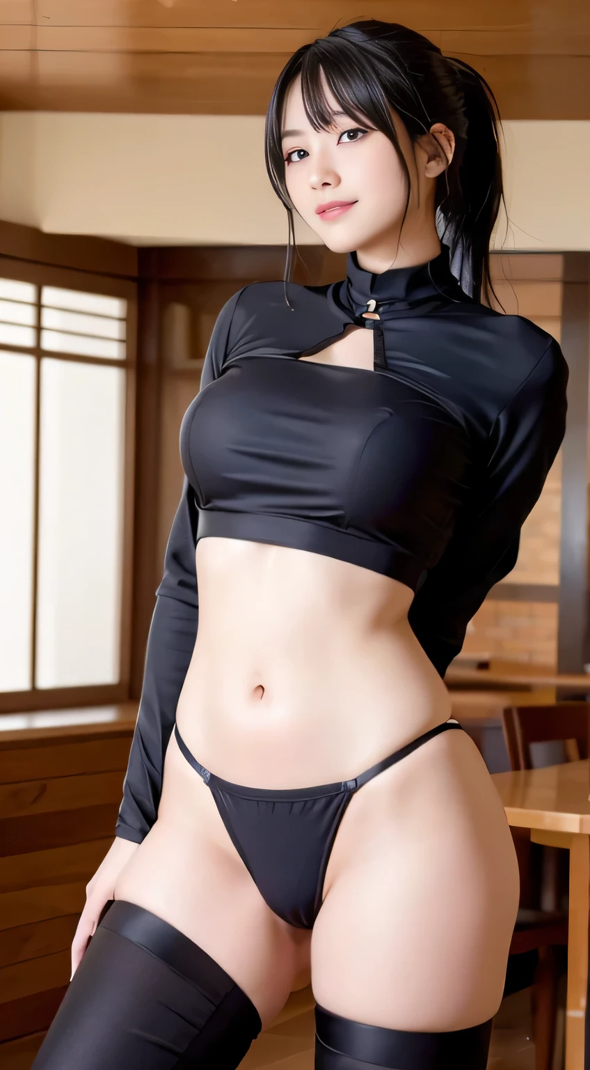(highest quality,masterpiece:1.3,ultra high resolution,),(Super detailed,caustics),(Photoreal:1.4,RAW shooting,)ultra-realistic capture,very detailed,High resolution 16K human skin close-up。 natural skin texture、,The pores are、、、、、Must be detailed enough to be easily identified。 Skin should look even-toned and healthy。 Use natural light and color,restaurant,waitress,1 girl,Japanese,18-year-old,cute,black haired,ponytail,big breasts,smile,tight clothing, (realistic hair: 1.2) (wet skin: 1.2),Show off nipple, nipple,spread your legs,Angle from below,Show off your crotch,big breasts,Pussy,Pussy,shaved pussy