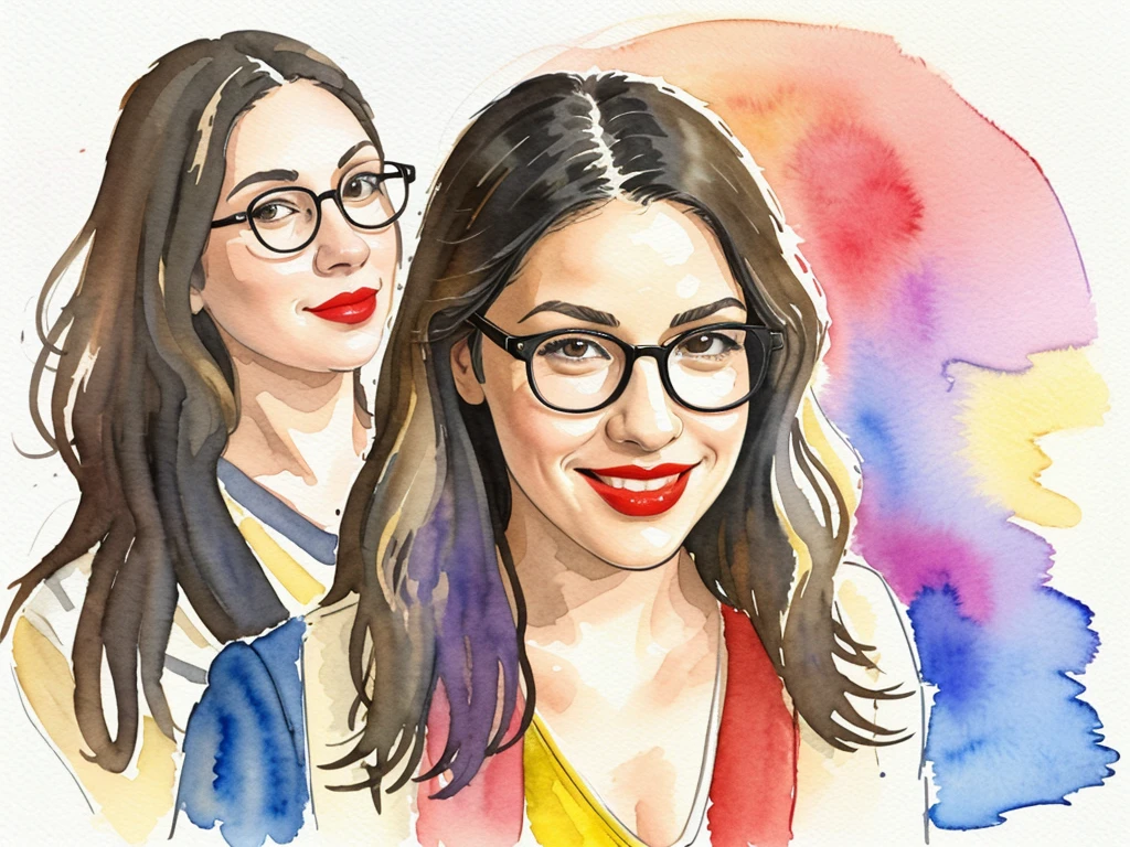 Scene partial front view; details in 8k; precision in details; Artistic abstract drawing textured background of a brunette woman with long, wavy hair wearing square glasses, woman smiling with red lipstick, face more toned and rounded and with slight dimples near the mouth, wearing a black coat with a yellow t-shirt underneath looking to the right, lilac white colors in the environment, illustration, watercolor illustration, professional illustrator, best watercolor paintings, ink and watercolor, vibrant colors, perspective view, centered, perspective lines, drawing as a sketch. Picasso style