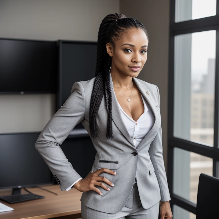 Beautiful light skin African American mix Melanesian woman, (35 years old), MMA trainer, (((business attire, very professional business suit for women))), fit body, (muscles:1.2), athletic feminine body, female fitness model body, standing in front of office desk, masterpiece, perfect lighting, uhd, 8k, she is an exceptional MMA fighter, hard toned feminine body, long ponytail hair, ((sultry smile at camera:0.4)), ((sultry pose))