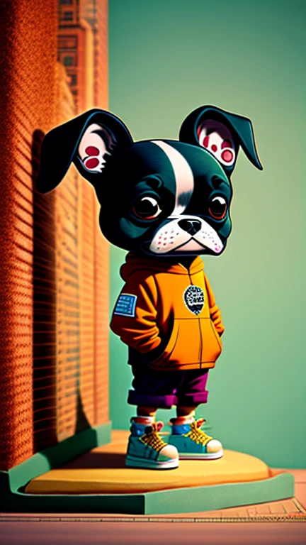 Anthropomorphic standing Boston Terrier character created by the Line Friends brand + Jamie Hewlett, wearing streetwear in the style of isle of dog, stop motion, fine fur, Wes Anderson--Cars