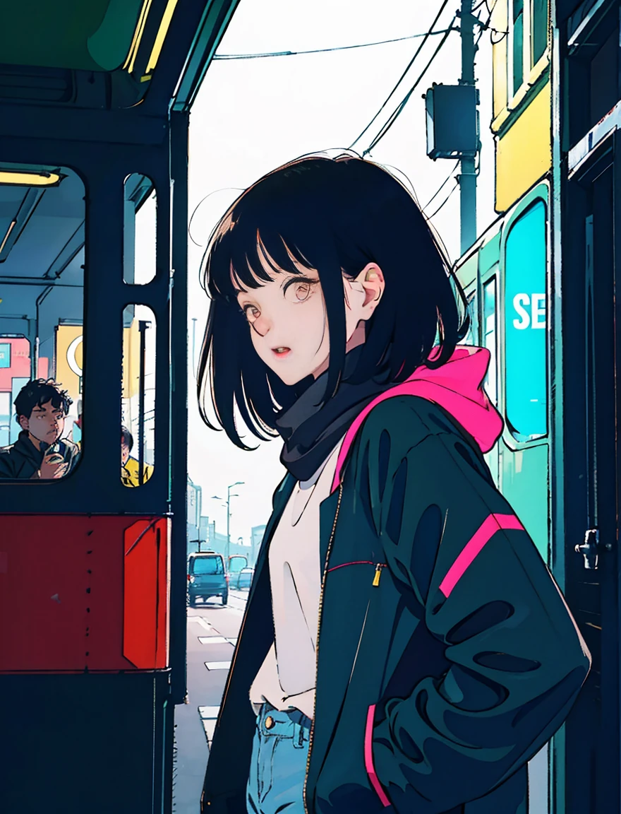 morning、A cool and beautiful Asian boy with black hair, denim pants、black jacket、Scarf、A red bus passing nearby, The man is at the back of the bus、People nearby々Having a fun conversation、perfect face, black jacket, neon black, (with backlight: 1.1), hard shadow, masterpiece, highest quality, Complex, model shooting style, vintage, film grain, incomplete details、natural body、profile、A photo taken from a distance、I imagine it will be fun、Draw what&#39;s on your mind above your head、Journey