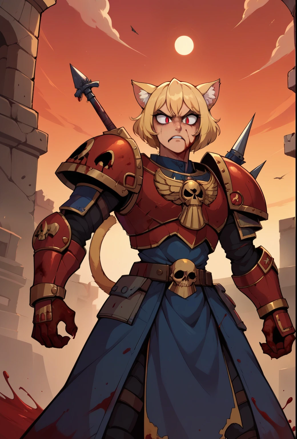 score_9, score_8_up, score_7_up, score_6_up,score_5_up,score_4_up, BREAK,( necoarc slit pupils), cat ears, blonde hair and tail, red eyes, (rage 1.2), khornate berzerker covered in blood, blood on face, blood on armor, (battlefield of ruins tanks under a blood-red sky tinged with smoke and despair), piles of skulls, full shot, warhammer 40k
