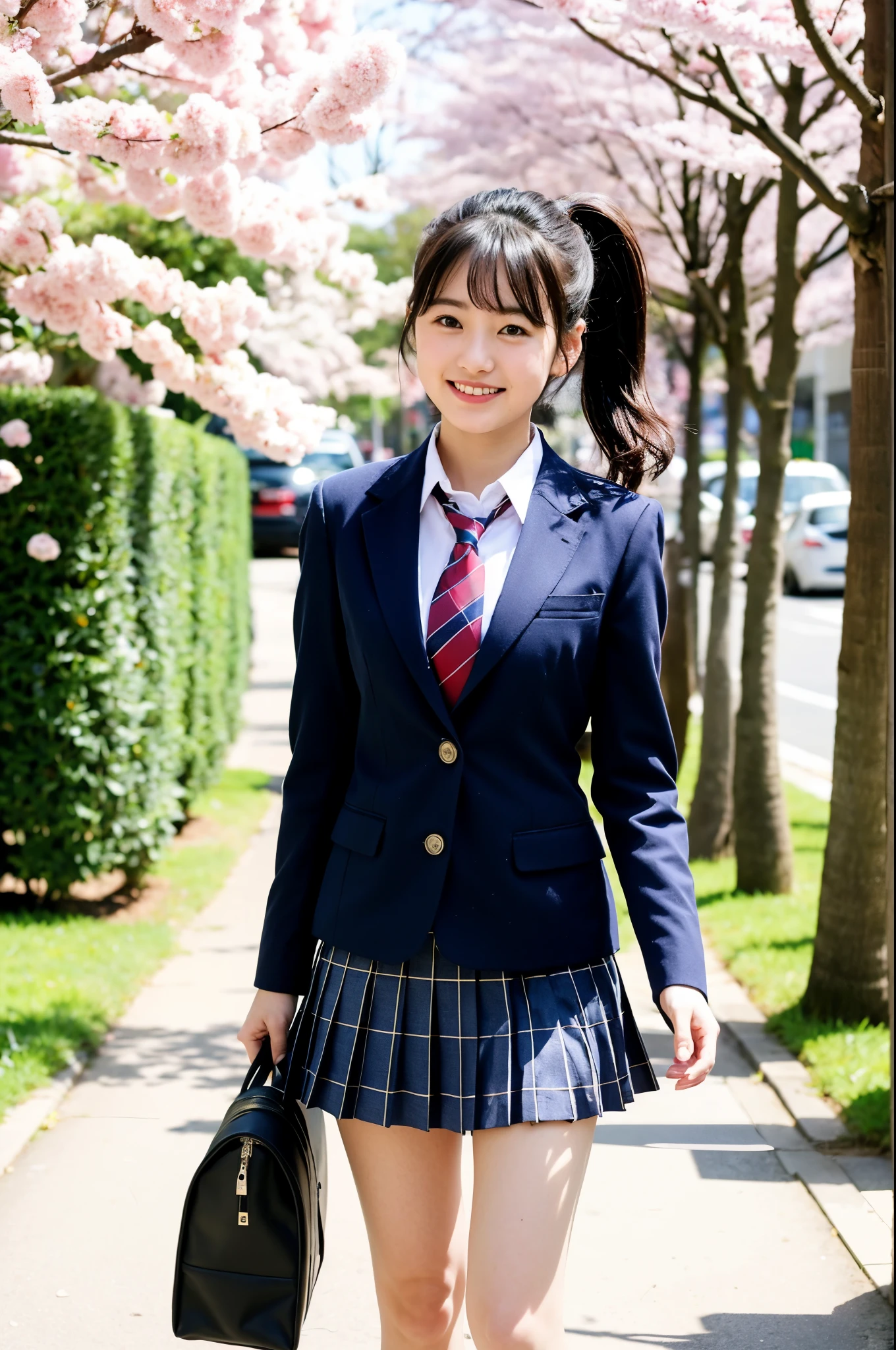 girl running in cherry blossom street,navy blue blazer,white collar with plaid tie,pleated skirt,navy blue socks,shool bag,18-year-old,bangs,a little smile,thighs,knees,ponytail with barrette,from below,front light