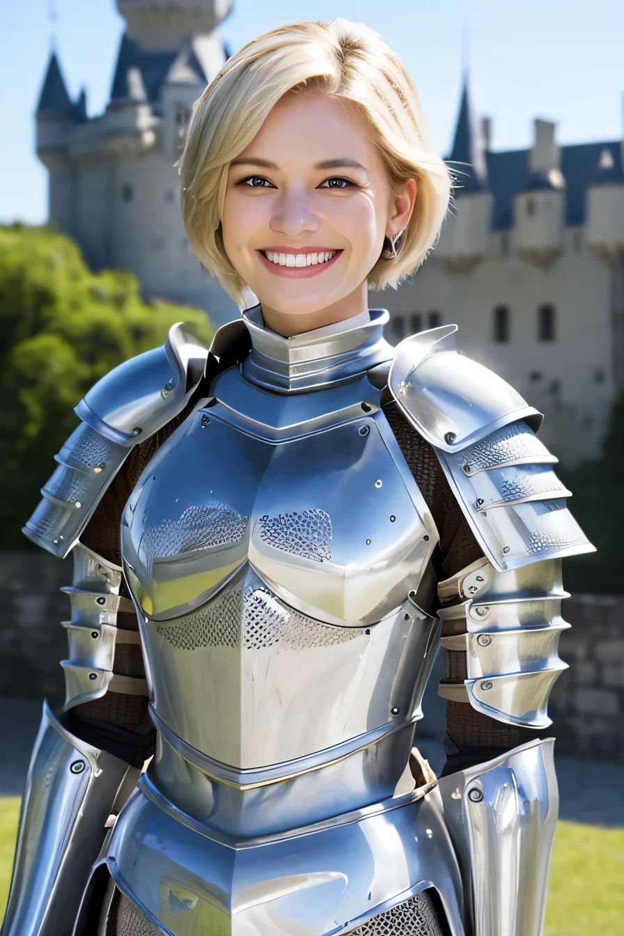 K、highest quality、female knight、The background is a castle、Luxurious Silver Armor、heavy equipment、hairstyle short cut、smile、beautiful teeth、full body photo、ear piercing、white woman、blonde、blue eyes、Gummy Smile、