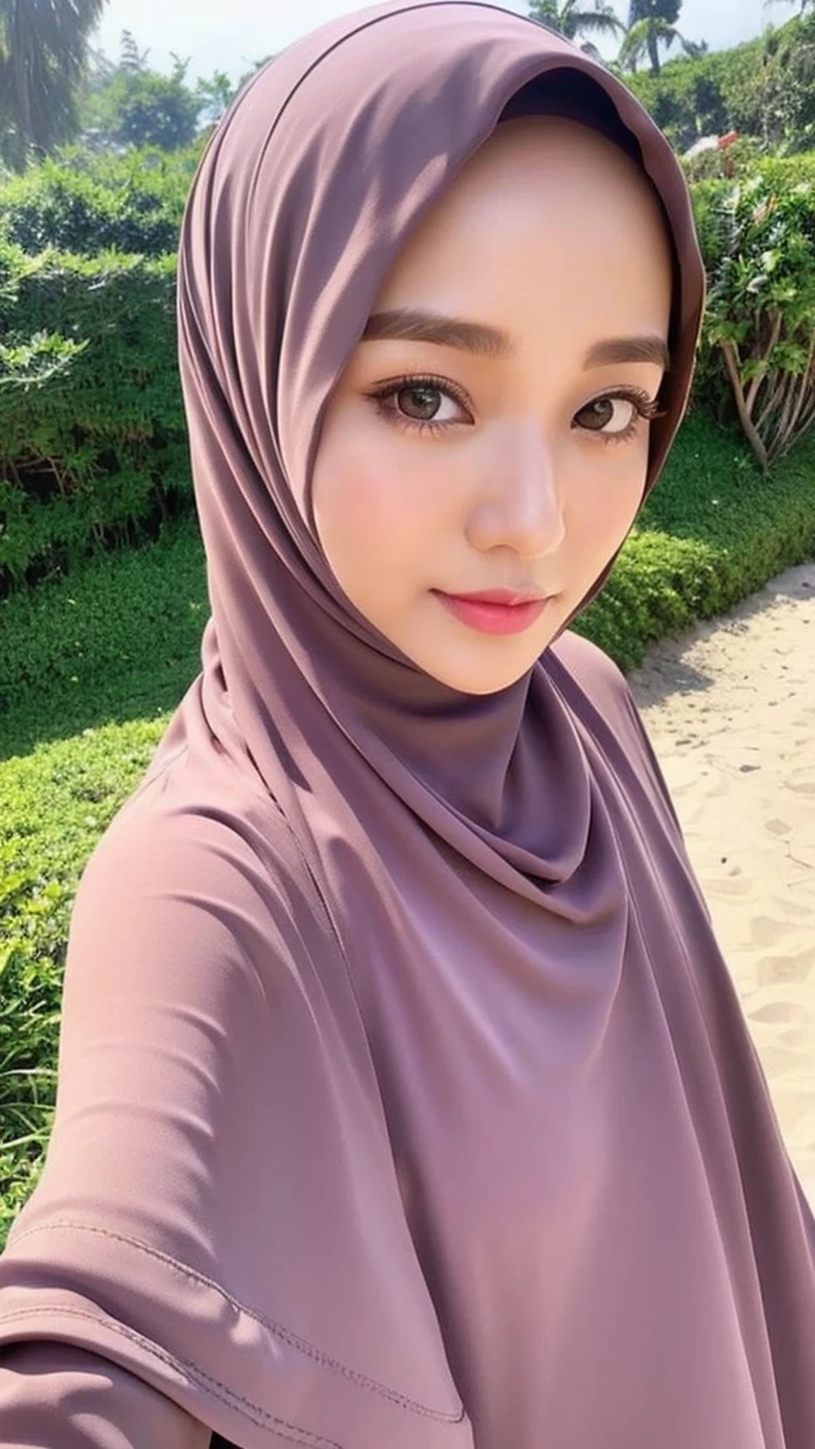 Realistic, ultra sharp, Beautuful Women、hijab, indonesian, beach、selfee、The face is cute、Vanrak Ayyans appears、1 girl, stylish