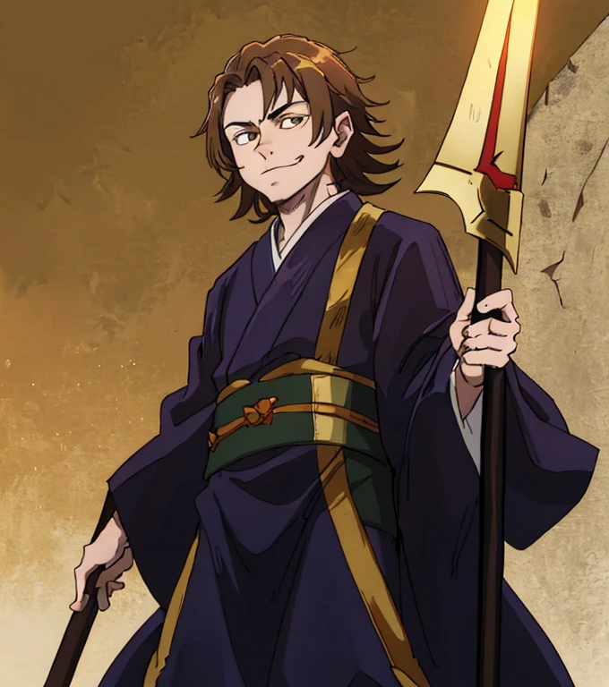 shady look, small grin, golden brown hair, shaggy hair, boy, suguru geto outfit, dark robes, red polearm