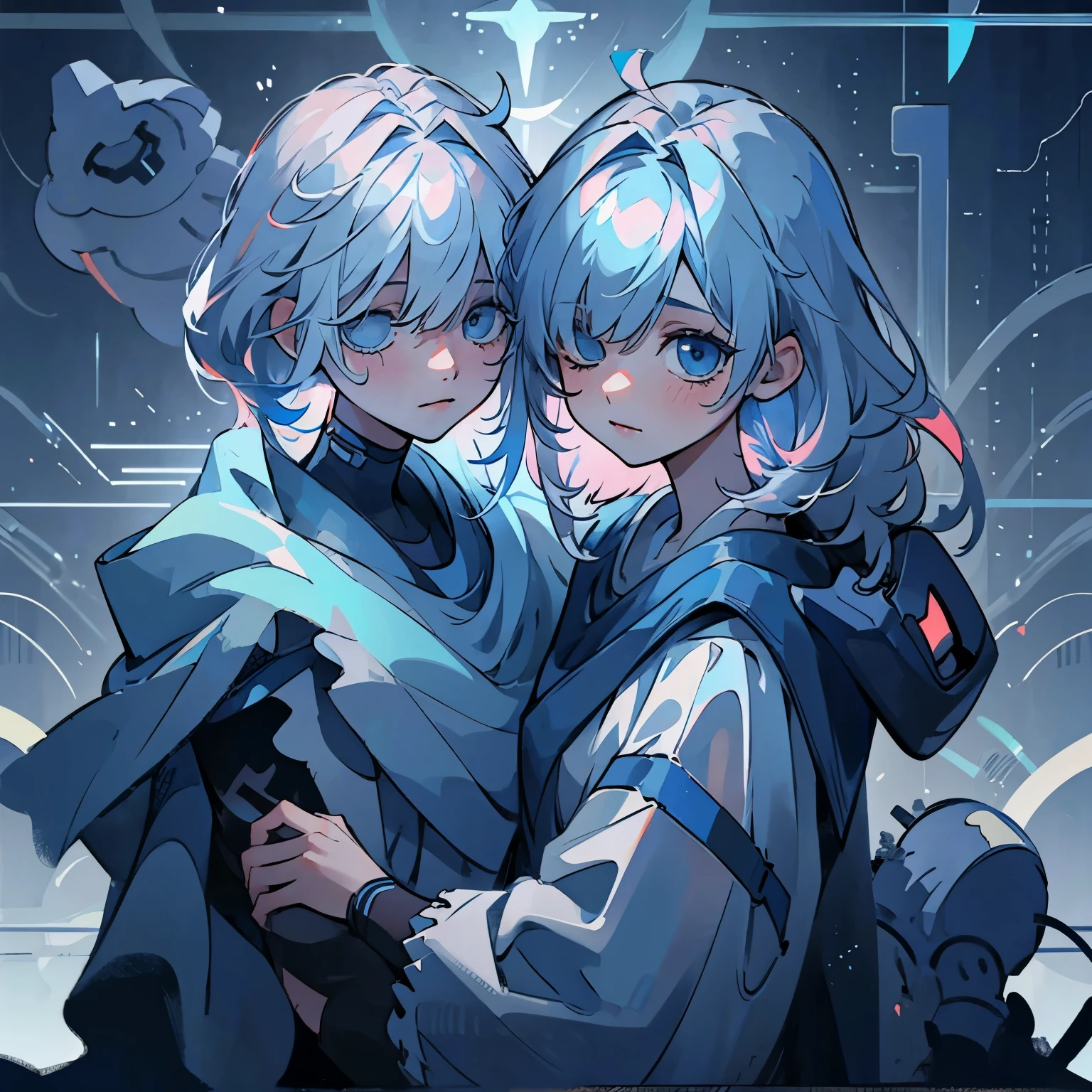 two girls. One with messy hair、Guy with bangs covering one eye. Another guy with white smooth soft hair. looking at each other, blue theme, haze, 4k details, Cold halo
