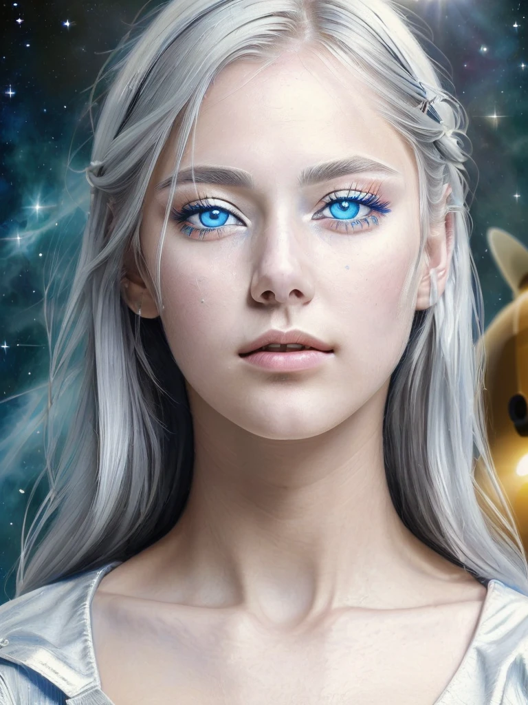 (See higher quality masterpieces up close:1.5)0.9], (space and astronauts:1.2) (messy silver hair:1.1) (Yellow eyes and blue eyes with heterochromia:1.2) (space helmet:1.0) (colored stars in the eyes:1.0) (shining light:1.1) (big lips:0.9)