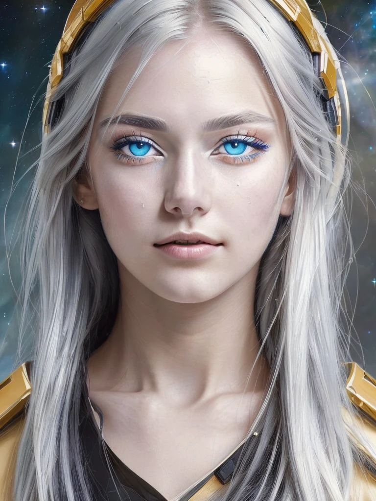 (See higher quality masterpieces up close:1.5)0.9], (space and astronauts:1.2) (messy silver hair:1.1) (Yellow eyes and blue eyes with heterochromia:1.2) (space helmet:1.0) (colored stars in the eyes:1.0) (shining light:1.1) (big lips:0.9)